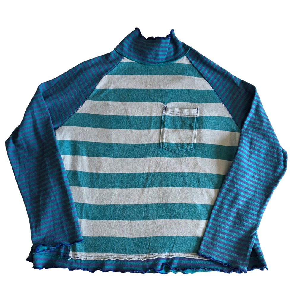 Free People We The Free Striped Thermal Mock Neck Top XS Teal Lettuce Edge
